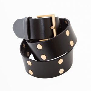 All Saints Black Leather Brass Studded Square Buckle Belt - Small - NWT